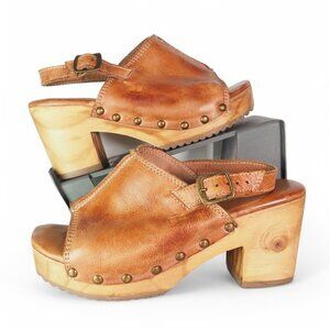 Bed Stu Tan Leather Clogs with Wooden Heel and Studded Accents